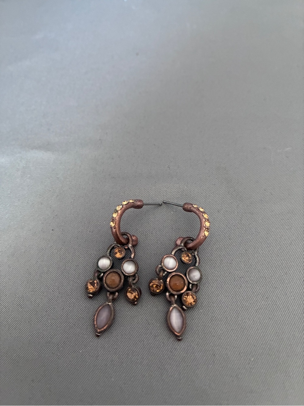 Women’s Vintage-Inspired Bronze Drop Earrings with Amber and Pearl Accents